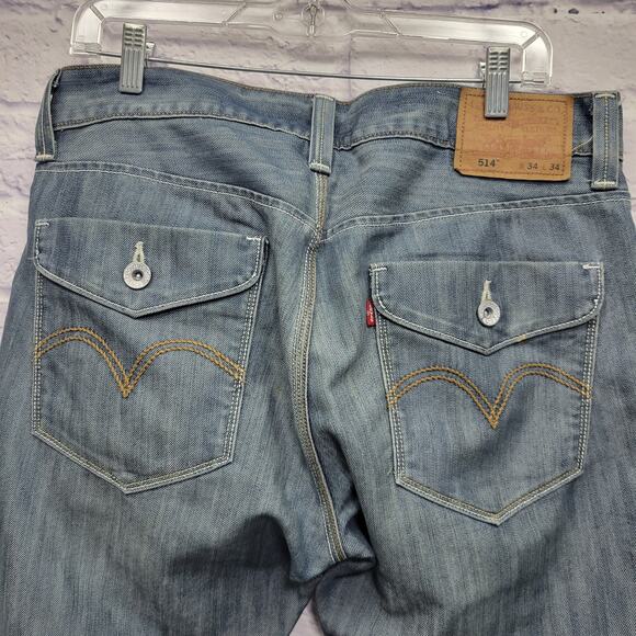 Levis 514 Slim Straight Jeans Size 34x35 Faux Flap Pockets Silver Blue Wash - Picture 6 of 10